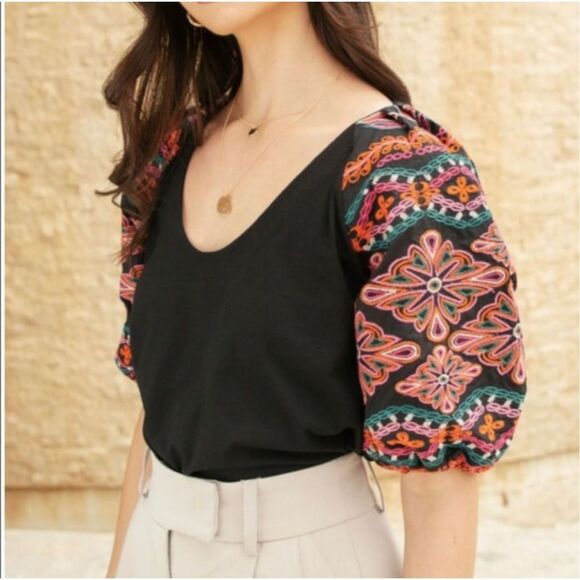 THML Boho Embroidered Puff Sleeve Top Size XS NWT - Picture 1 of 7